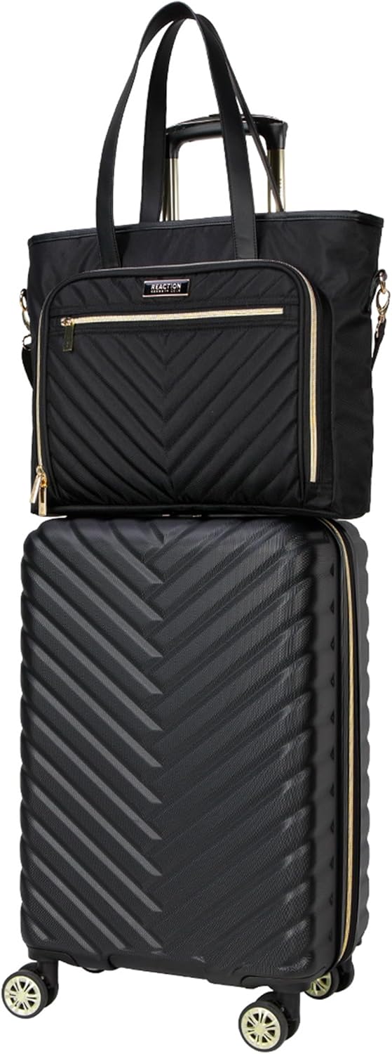 REACTION Madison Square Lightweight Hardside Chevron Expandable Spinner Luggage, Black, 2-Piece (20" Carry On + Tote)