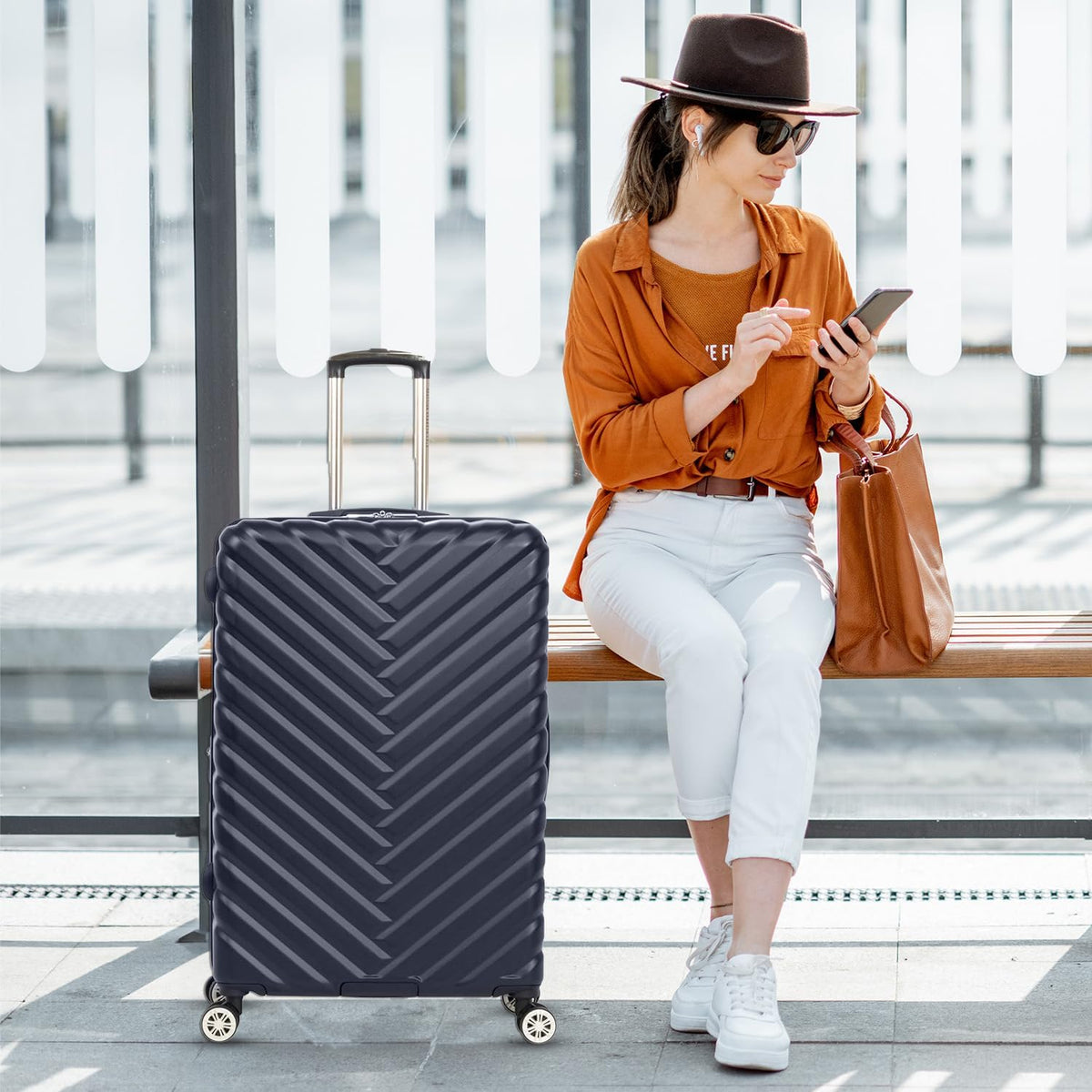 REACTION Madison Square Lightweight Hardside Chevron Expandable Spinner Luggage, Black, 2-Piece (20" Carry On + Tote)