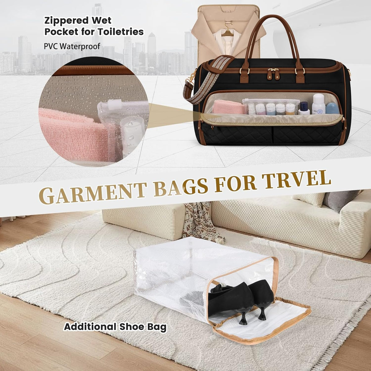 Garment Bags for Travel Women Convertible Garment Duffle Bag for Hanging Clothes, Large Carry On Garment Bag with Shoe Bag & Wet Pocket, Foldable Dress Suit Business Travel Weekender Bags
