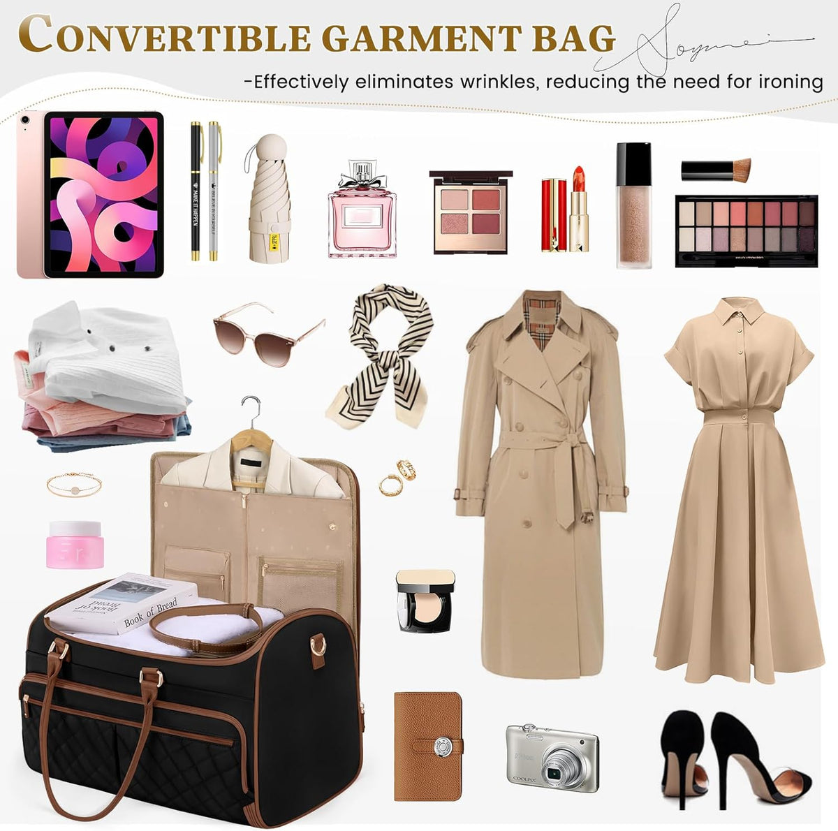 Garment Bags for Travel Women Convertible Garment Duffle Bag for Hanging Clothes, Large Carry On Garment Bag with Shoe Bag & Wet Pocket, Foldable Dress Suit Business Travel Weekender Bags