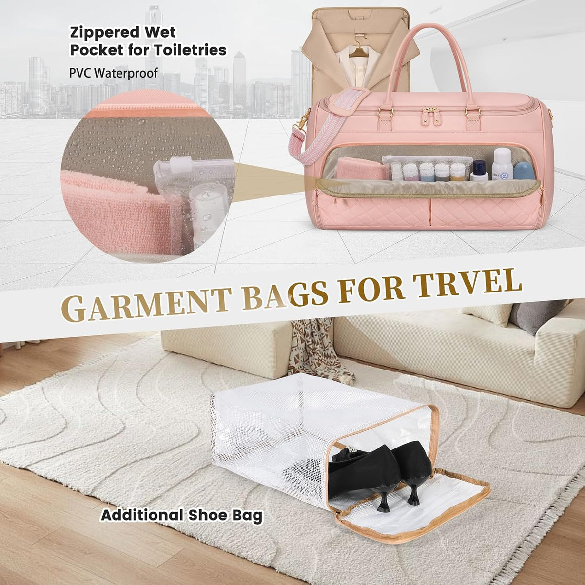 Garment Bags for Travel Women Convertible Garment Duffle Bag for Hanging Clothes, Large Carry On Garment Bag with Shoe Bag & Wet Pocket, Foldable Dress Suit Business Travel Weekender Bags