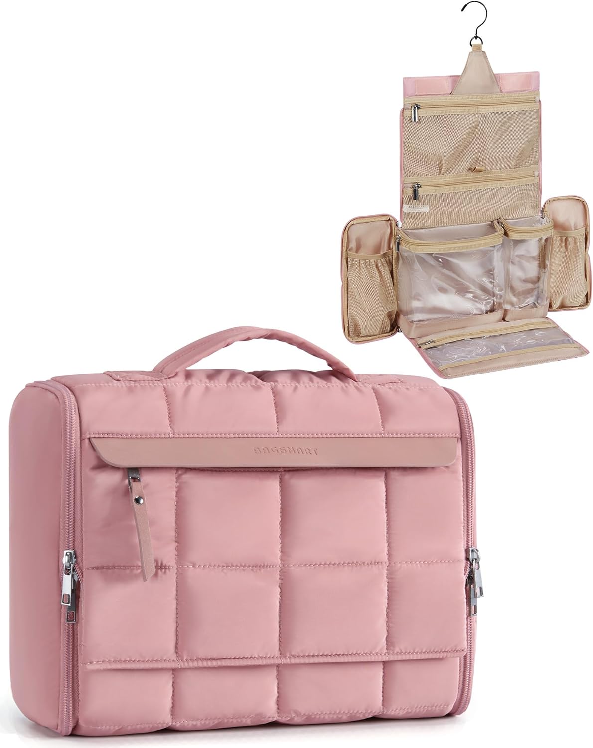 Travel Toiletry Bag, Extra Large Full-open Hanging Toiletry Bag for Women, Puffy Cosmetic Makeup Bag Organizer with Handle for Accessories, Essentials, Toiletries (Dark Pink)
