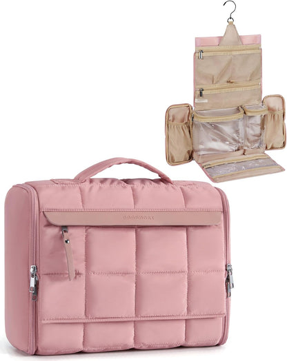 Travel Toiletry Bag, Extra Large Full-open Hanging Toiletry Bag for Women, Puffy Cosmetic Makeup Bag Organizer with Handle for Accessories, Essentials, Toiletries (Dark Pink)