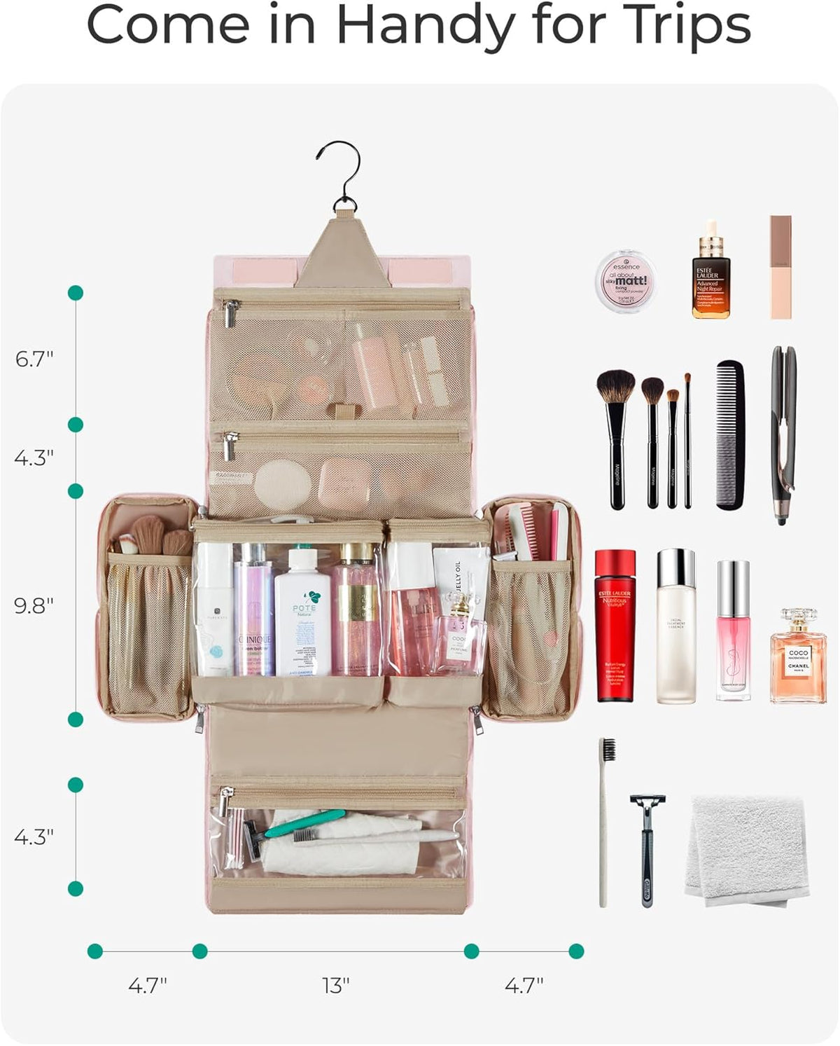 Travel Toiletry Bag, Extra Large Full-open Hanging Toiletry Bag for Women, Puffy Cosmetic Makeup Bag Organizer with Handle for Accessories, Essentials, Toiletries (Dark Pink)