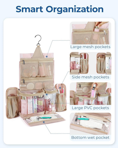 Travel Toiletry Bag, Extra Large Full-open Hanging Toiletry Bag for Women, Puffy Cosmetic Makeup Bag Organizer with Handle for Accessories, Essentials, Toiletries (Dark Pink)