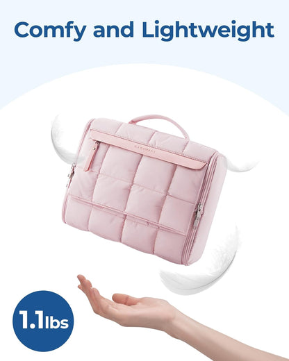 Travel Toiletry Bag, Extra Large Full-open Hanging Toiletry Bag for Women, Puffy Cosmetic Makeup Bag Organizer with Handle for Accessories, Essentials, Toiletries (Dark Pink)