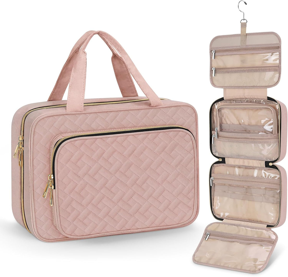 Toiletry Bag for Women, Hanging Travel Toiletry Bag with Jewelry Organizer Compartment Large Makeup Bag, PVC Waterproof Cosmetic Travel Bag for Travel Business Trips Camping Bathroom, Pink