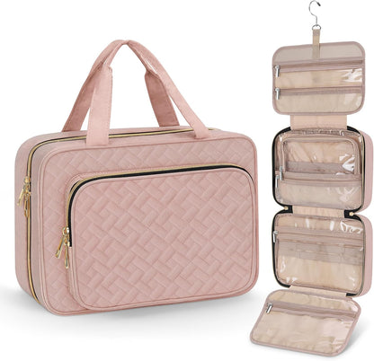 Toiletry Bag for Women, Hanging Travel Toiletry Bag with Jewelry Organizer Compartment Large Makeup Bag, PVC Waterproof Cosmetic Travel Bag for Travel Business Trips Camping Bathroom, Pink