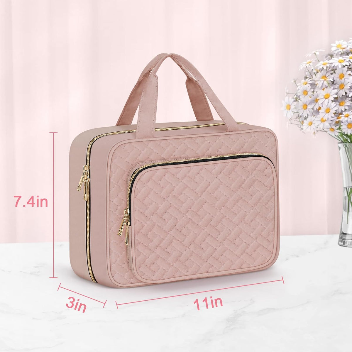 Toiletry Bag for Women, Hanging Travel Toiletry Bag with Jewelry Organizer Compartment Large Makeup Bag, PVC Waterproof Cosmetic Travel Bag for Travel Business Trips Camping Bathroom, Pink