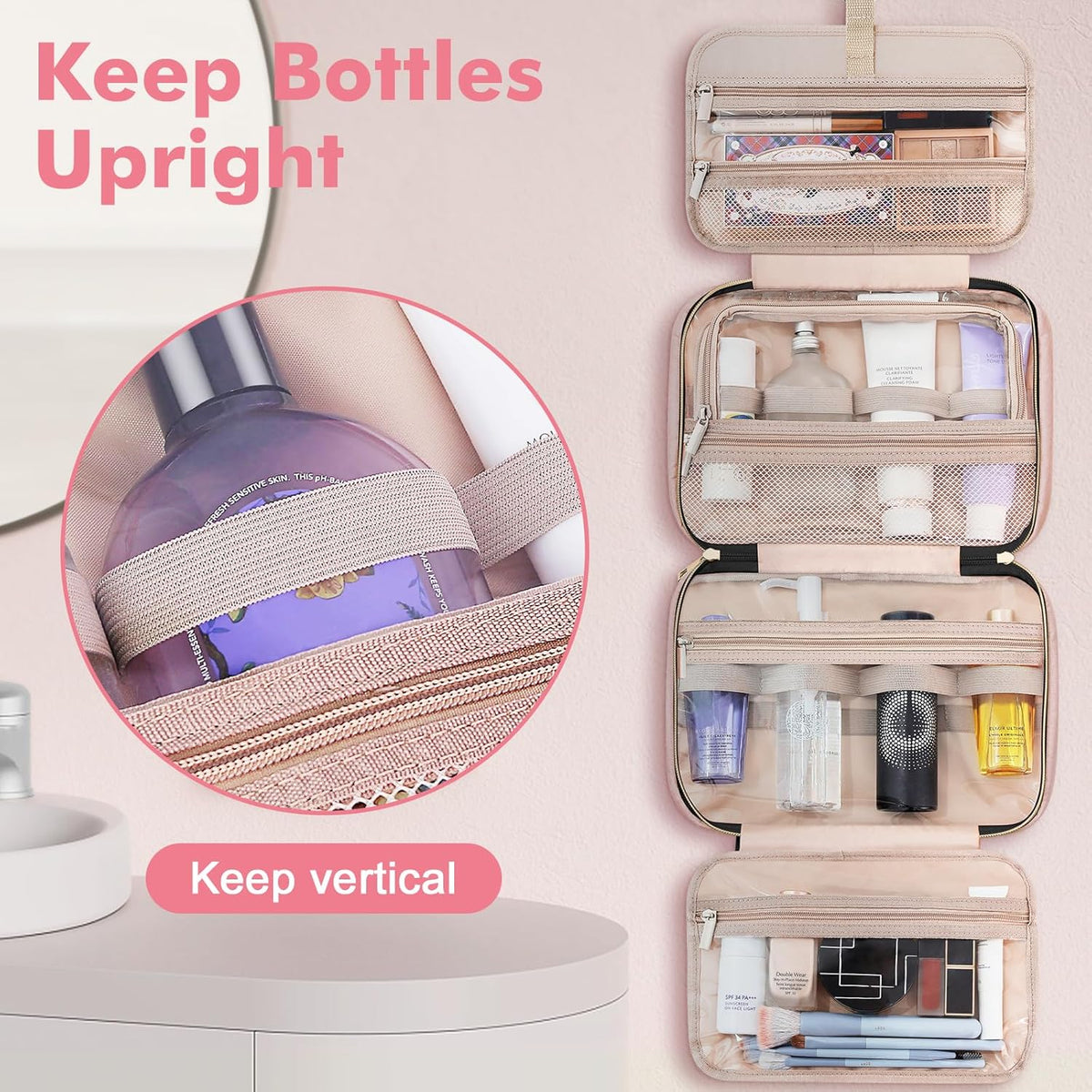 Toiletry Bag for Women, Hanging Travel Toiletry Bag with Jewelry Organizer Compartment Large Makeup Bag, PVC Waterproof Cosmetic Travel Bag for Travel Business Trips Camping Bathroom, Pink