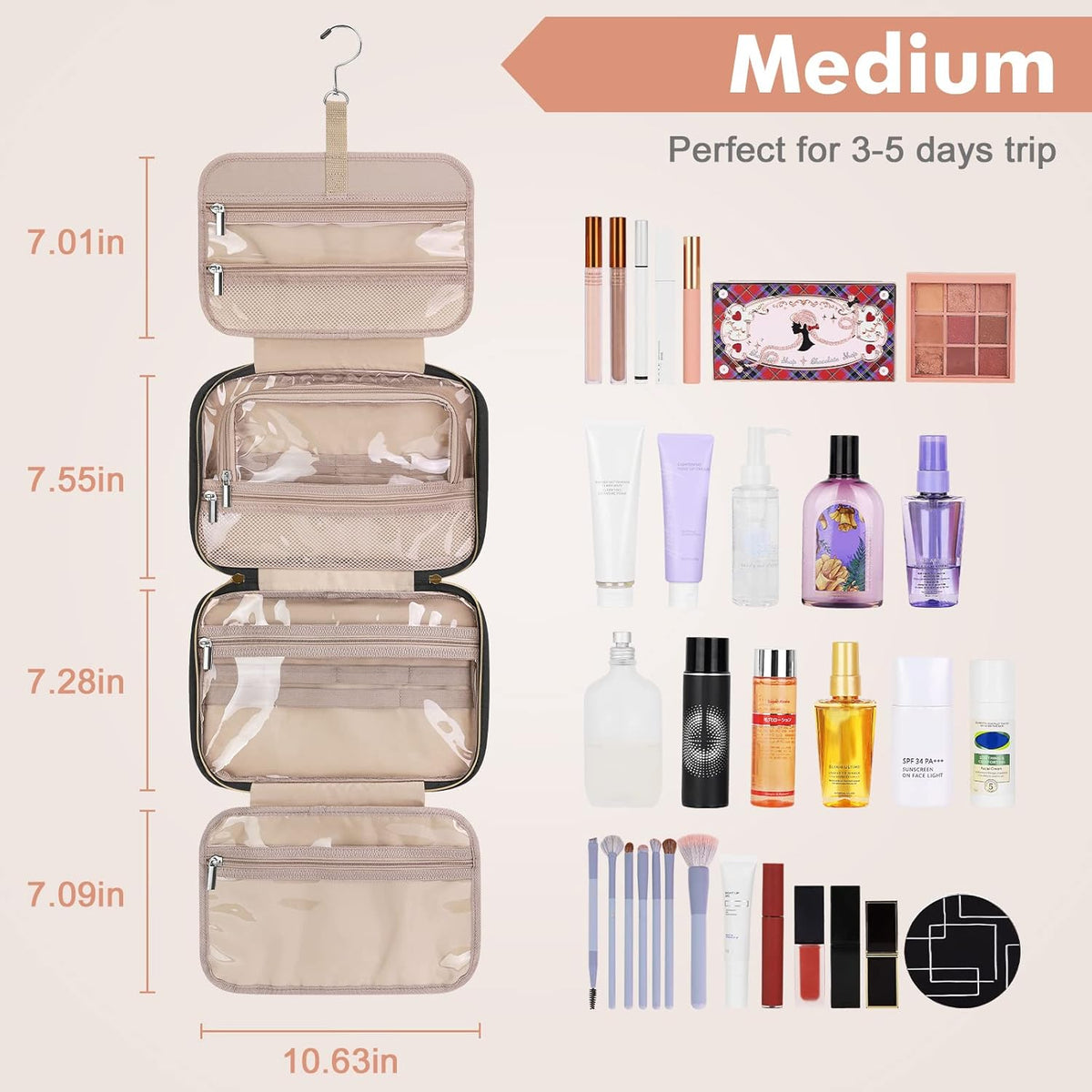 Toiletry Bag for Women, Hanging Travel Toiletry Bag with Jewelry Organizer Compartment Large Makeup Bag, PVC Waterproof Cosmetic Travel Bag for Travel Business Trips Camping Bathroom, Pink