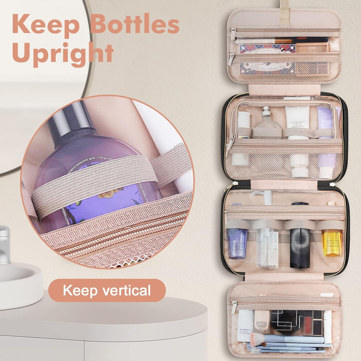 Toiletry Bag for Women, Hanging Travel Toiletry Bag with Jewelry Organizer Compartment Large Makeup Bag, PVC Waterproof Cosmetic Travel Bag for Travel Business Trips Camping Bathroom, Pink