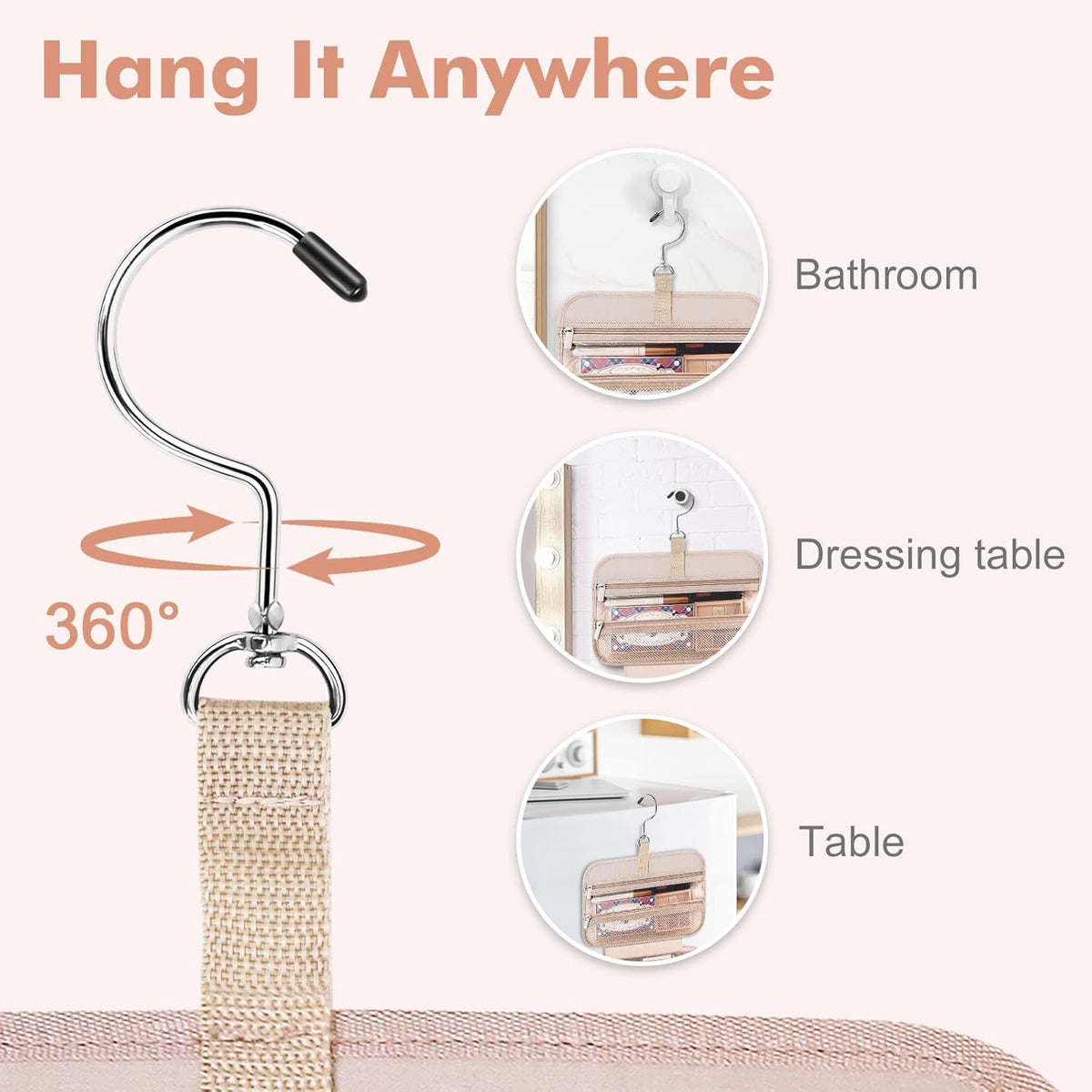 Toiletry Bag for Women, Hanging Travel Toiletry Bag with Jewelry Organizer Compartment Large Makeup Bag, PVC Waterproof Cosmetic Travel Bag for Travel Business Trips Camping Bathroom, Pink
