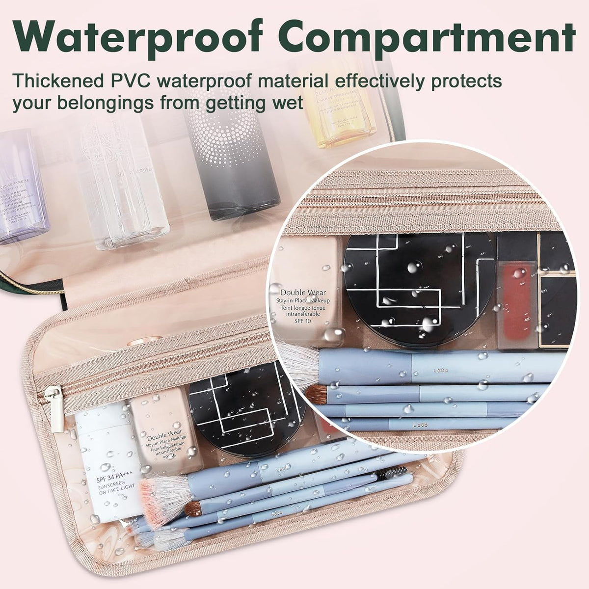 Toiletry Bag for Women, Hanging Travel Toiletry Bag with Jewelry Organizer Compartment Large Makeup Bag, PVC Waterproof Cosmetic Travel Bag for Travel Business Trips Camping Bathroom, Pink