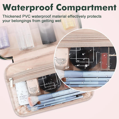 Toiletry Bag for Women, Hanging Travel Toiletry Bag with Jewelry Organizer Compartment Large Makeup Bag, PVC Waterproof Cosmetic Travel Bag for Travel Business Trips Camping Bathroom, Pink