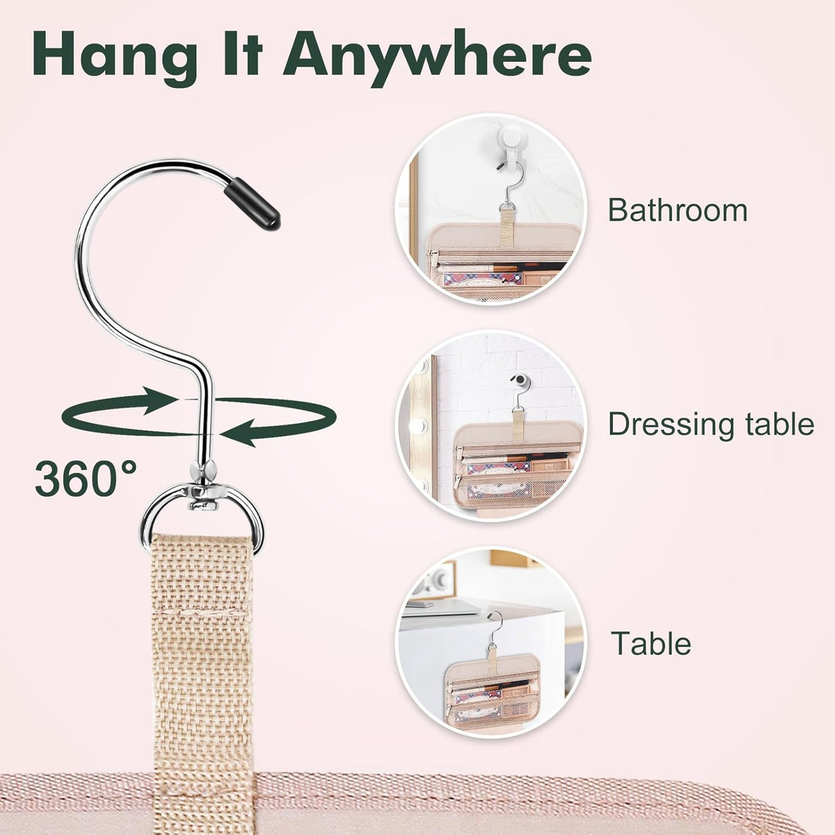 Toiletry Bag for Women, Hanging Travel Toiletry Bag with Jewelry Organizer Compartment Large Makeup Bag, PVC Waterproof Cosmetic Travel Bag for Travel Business Trips Camping Bathroom, Pink