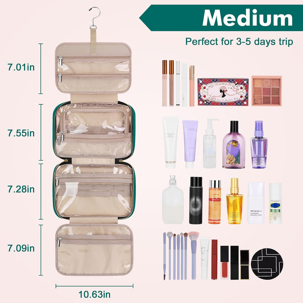 Toiletry Bag for Women, Hanging Travel Toiletry Bag with Jewelry Organizer Compartment Large Makeup Bag, PVC Waterproof Cosmetic Travel Bag for Travel Business Trips Camping Bathroom, Pink