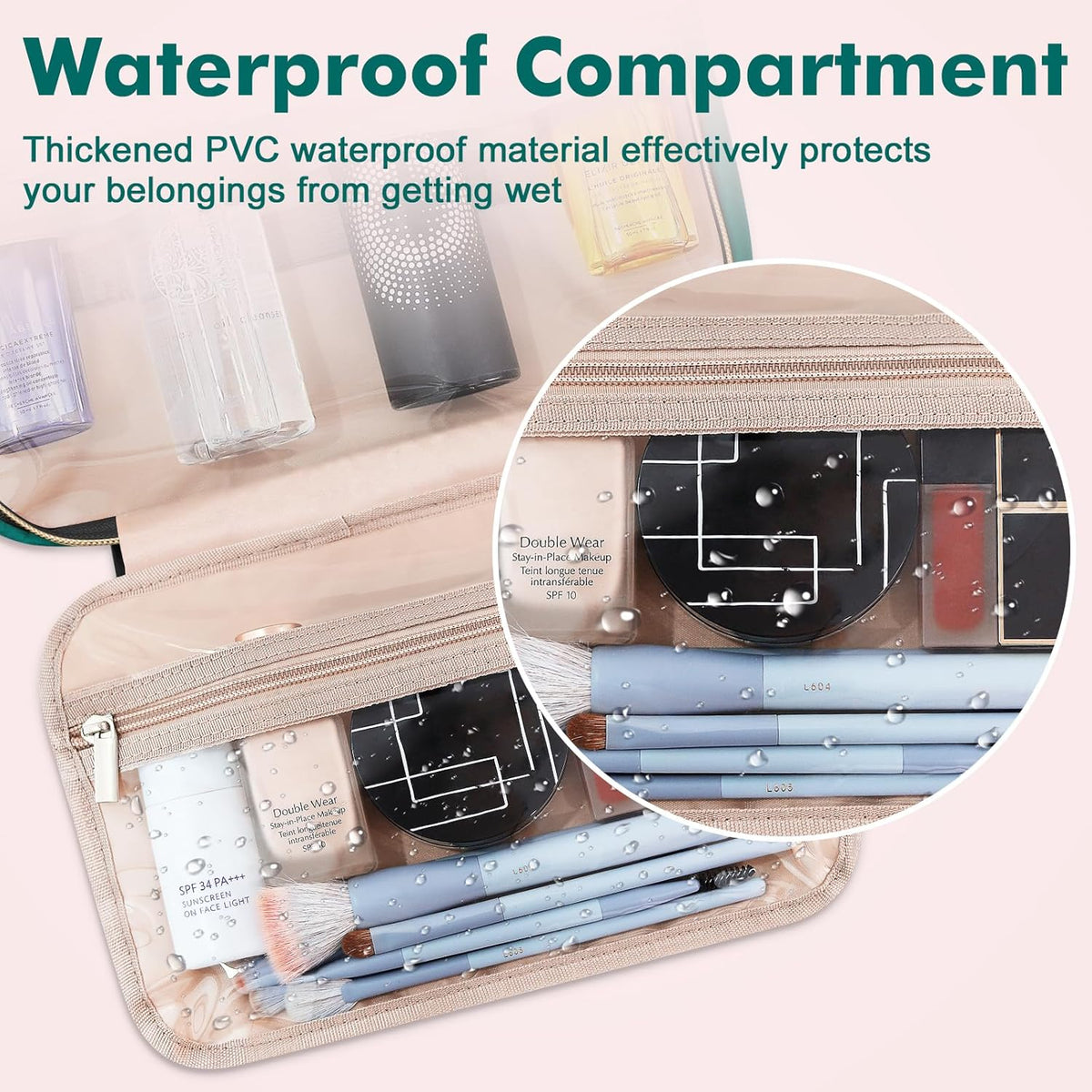 Toiletry Bag for Women, Hanging Travel Toiletry Bag with Jewelry Organizer Compartment Large Makeup Bag, PVC Waterproof Cosmetic Travel Bag for Travel Business Trips Camping Bathroom, Pink