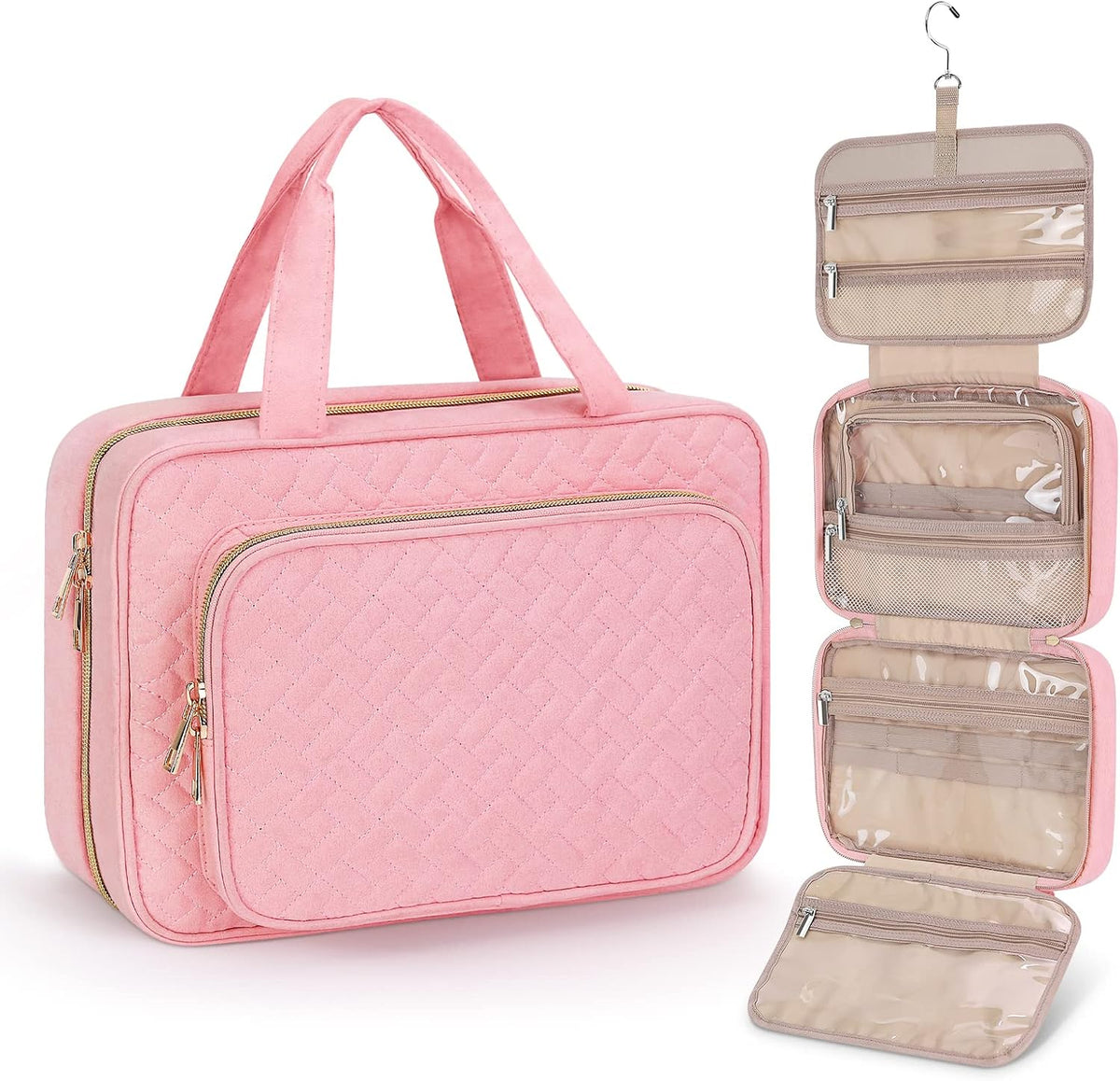 Toiletry Bag for Women, Hanging Travel Toiletry Bag with Jewelry Organizer Compartment Large Makeup Bag, PVC Waterproof Cosmetic Travel Bag for Travel Business Trips Camping Bathroom, Pink