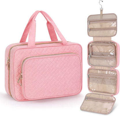 Toiletry Bag for Women, Hanging Travel Toiletry Bag with Jewelry Organizer Compartment Large Makeup Bag, PVC Waterproof Cosmetic Travel Bag for Travel Business Trips Camping Bathroom, Pink