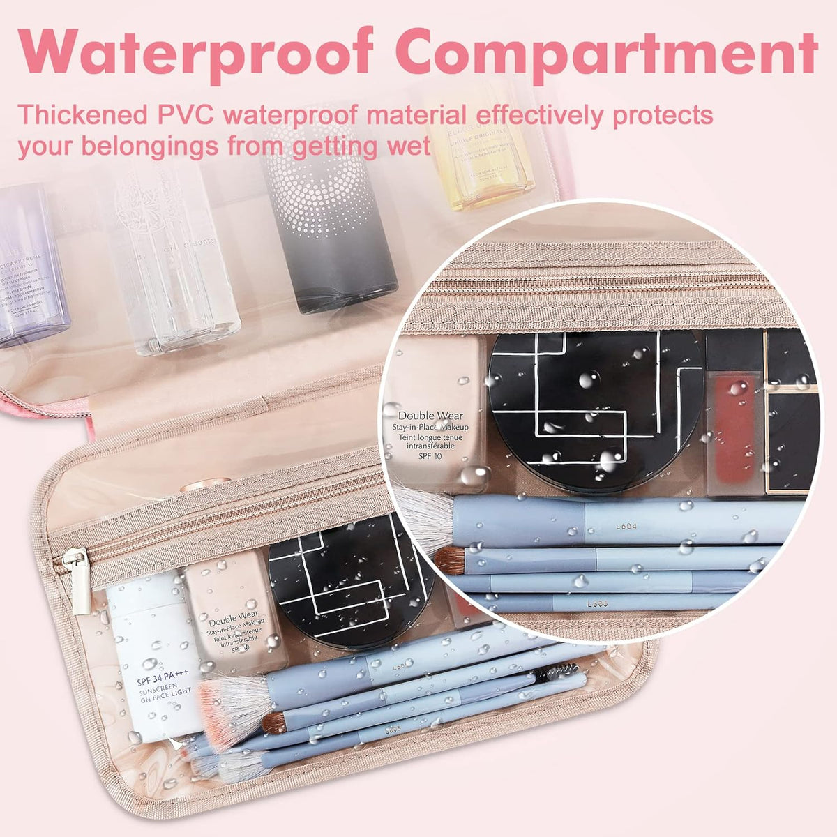 Toiletry Bag for Women, Hanging Travel Toiletry Bag with Jewelry Organizer Compartment Large Makeup Bag, PVC Waterproof Cosmetic Travel Bag for Travel Business Trips Camping Bathroom, Pink