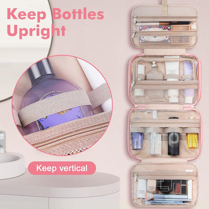 Toiletry Bag for Women, Hanging Travel Toiletry Bag with Jewelry Organizer Compartment Large Makeup Bag, PVC Waterproof Cosmetic Travel Bag for Travel Business Trips Camping Bathroom, Pink