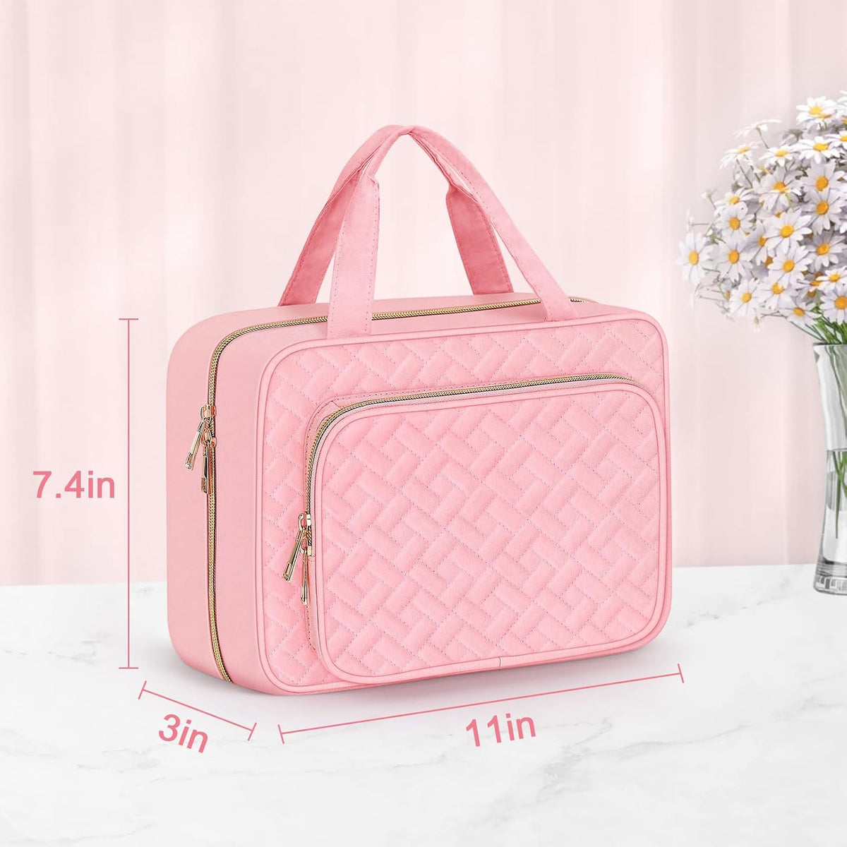 Toiletry Bag for Women, Hanging Travel Toiletry Bag with Jewelry Organizer Compartment Large Makeup Bag, PVC Waterproof Cosmetic Travel Bag for Travel Business Trips Camping Bathroom, Pink