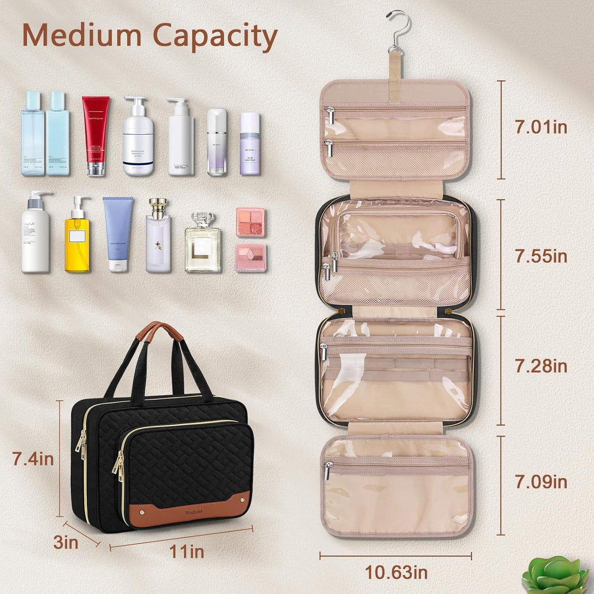 Toiletry Bag for Women, Hanging Travel Toiletry Bag with Jewelry Organizer Compartment Large Makeup Bag, PVC Waterproof Cosmetic Travel Bag for Travel Business Trips Camping Bathroom, Pink