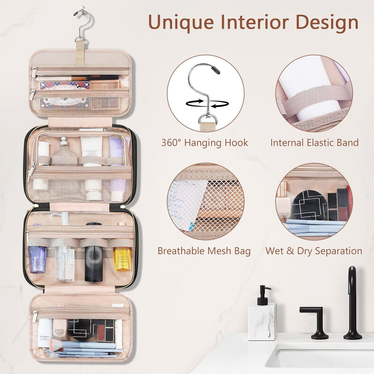 Toiletry Bag for Women, Hanging Travel Toiletry Bag with Jewelry Organizer Compartment Large Makeup Bag, PVC Waterproof Cosmetic Travel Bag for Travel Business Trips Camping Bathroom, Pink