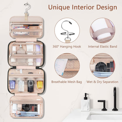 Toiletry Bag for Women, Hanging Travel Toiletry Bag with Jewelry Organizer Compartment Large Makeup Bag, PVC Waterproof Cosmetic Travel Bag for Travel Business Trips Camping Bathroom, Pink
