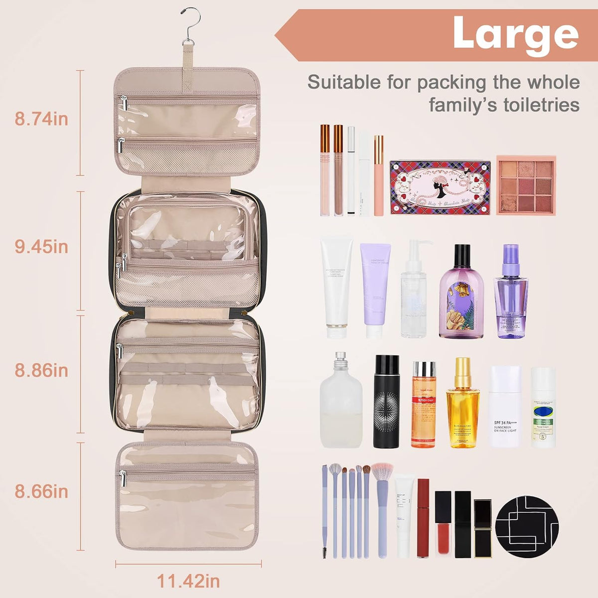 Toiletry Bag for Women, Hanging Travel Toiletry Bag with Jewelry Organizer Compartment Large Makeup Bag, PVC Waterproof Cosmetic Travel Bag for Travel Business Trips Camping Bathroom, Pink