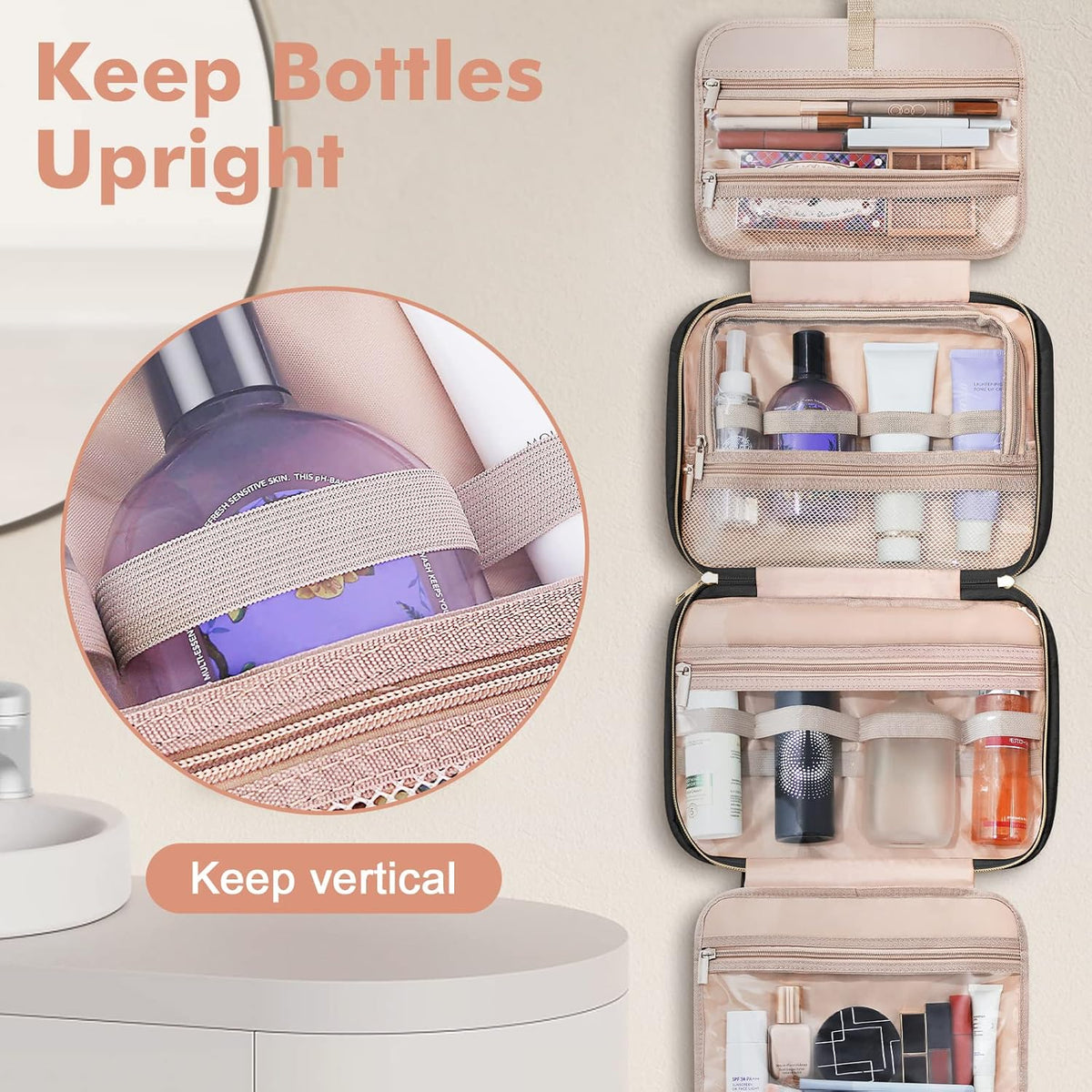 Toiletry Bag for Women, Hanging Travel Toiletry Bag with Jewelry Organizer Compartment Large Makeup Bag, PVC Waterproof Cosmetic Travel Bag for Travel Business Trips Camping Bathroom, Pink