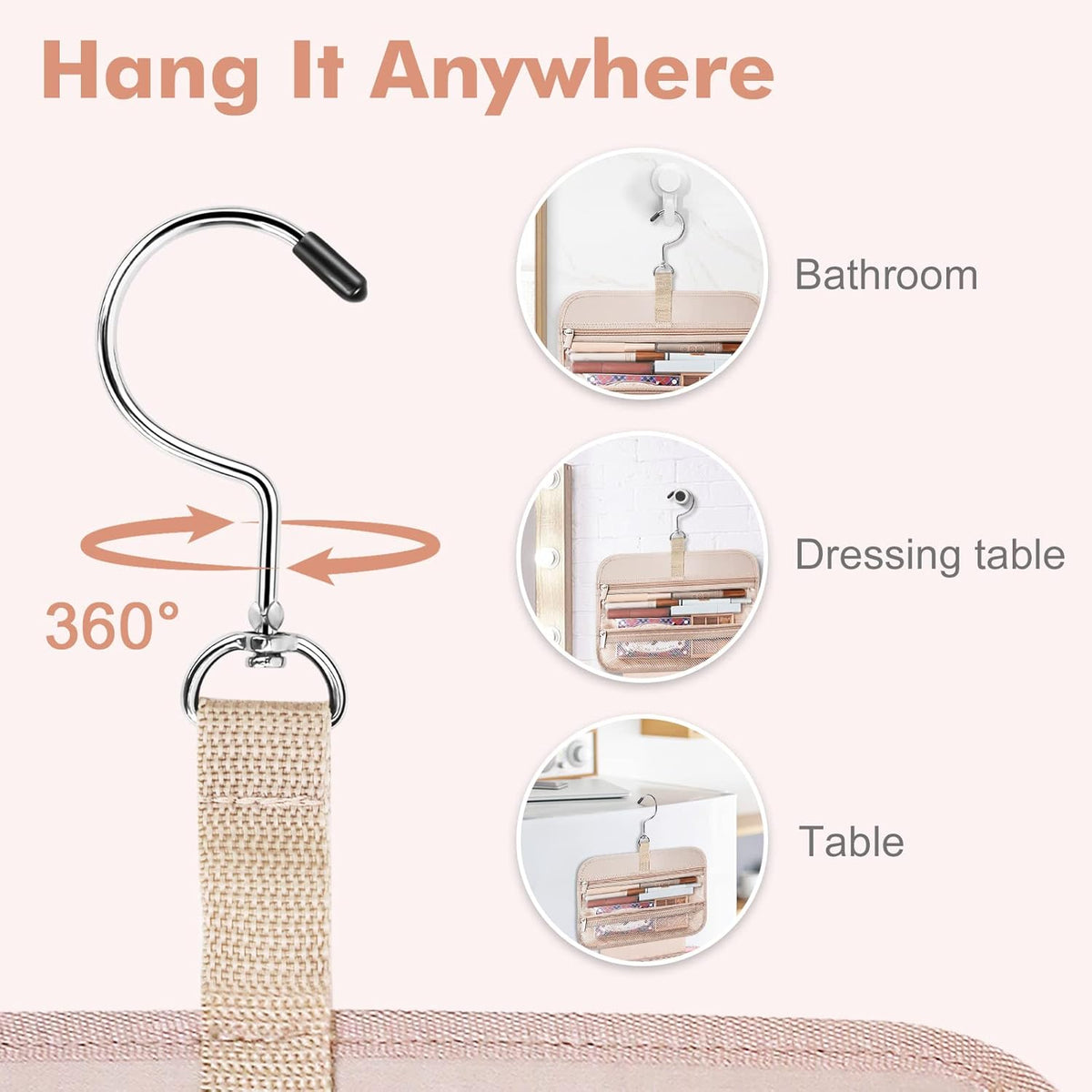 Toiletry Bag for Women, Hanging Travel Toiletry Bag with Jewelry Organizer Compartment Large Makeup Bag, PVC Waterproof Cosmetic Travel Bag for Travel Business Trips Camping Bathroom, Pink