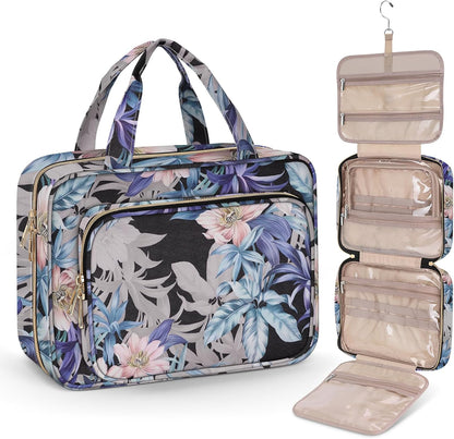 Toiletry Bag for Women, Hanging Travel Toiletry Bag with Jewelry Organizer Compartment Large Makeup Bag, PVC Waterproof Cosmetic Travel Bag for Travel Business Trips Camping Bathroom, Pink