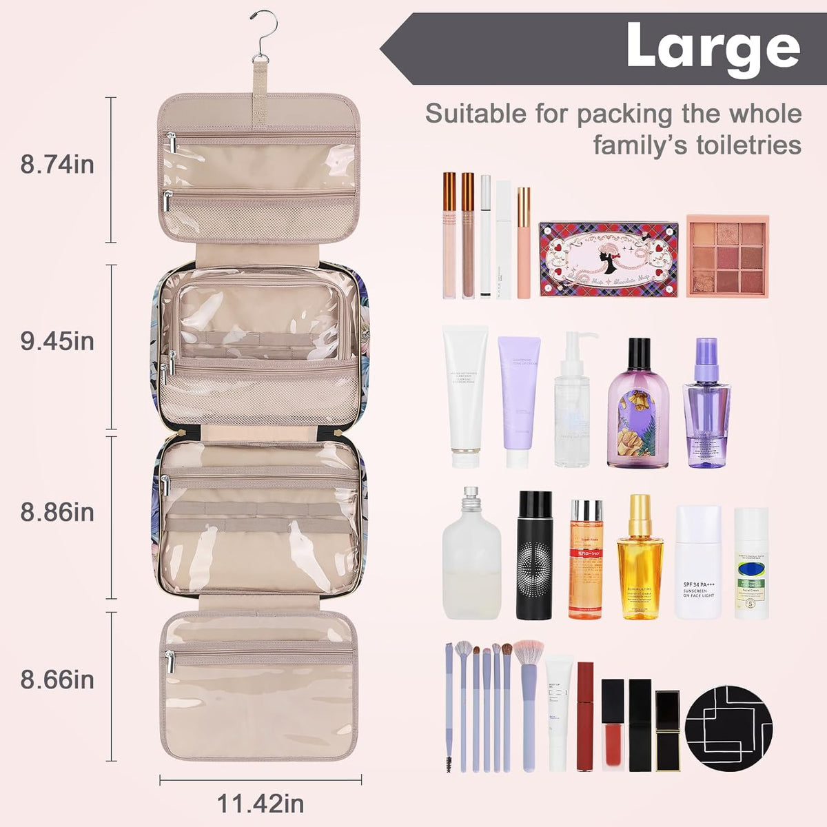 Toiletry Bag for Women, Hanging Travel Toiletry Bag with Jewelry Organizer Compartment Large Makeup Bag, PVC Waterproof Cosmetic Travel Bag for Travel Business Trips Camping Bathroom, Pink