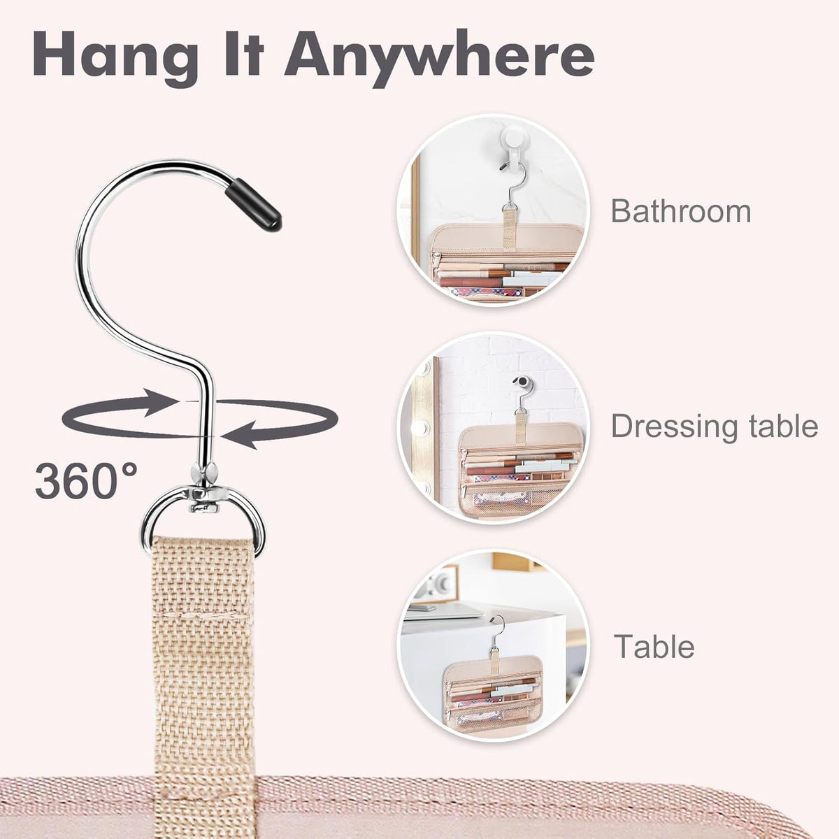 Toiletry Bag for Women, Hanging Travel Toiletry Bag with Jewelry Organizer Compartment Large Makeup Bag, PVC Waterproof Cosmetic Travel Bag for Travel Business Trips Camping Bathroom, Pink