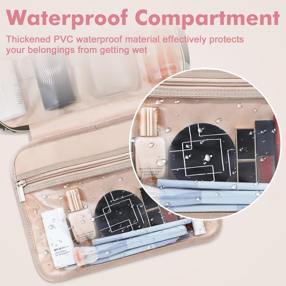 Toiletry Bag for Women, Hanging Travel Toiletry Bag with Jewelry Organizer Compartment Large Makeup Bag, PVC Waterproof Cosmetic Travel Bag for Travel Business Trips Camping Bathroom, Pink