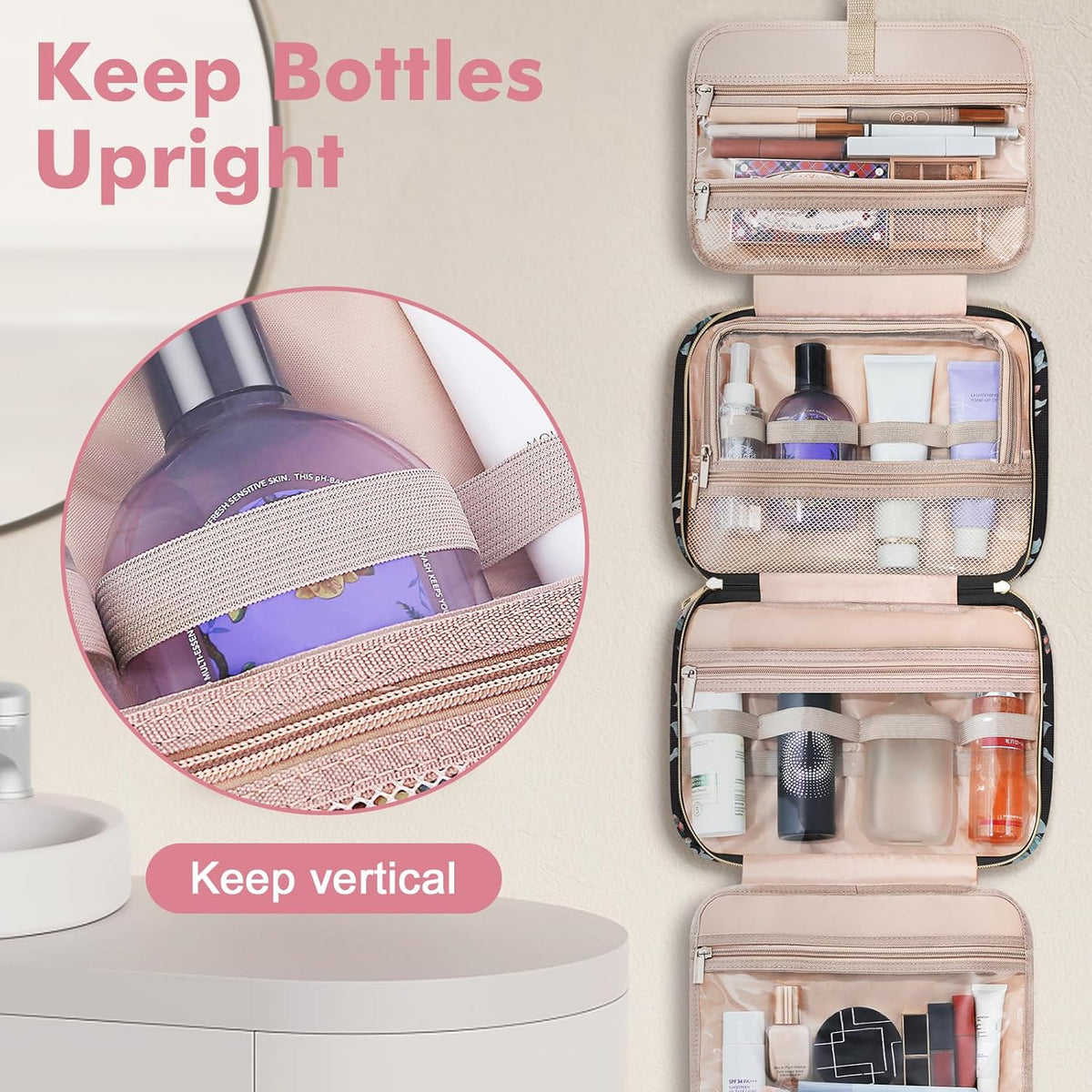 Toiletry Bag for Women, Hanging Travel Toiletry Bag with Jewelry Organizer Compartment Large Makeup Bag, PVC Waterproof Cosmetic Travel Bag for Travel Business Trips Camping Bathroom, Pink