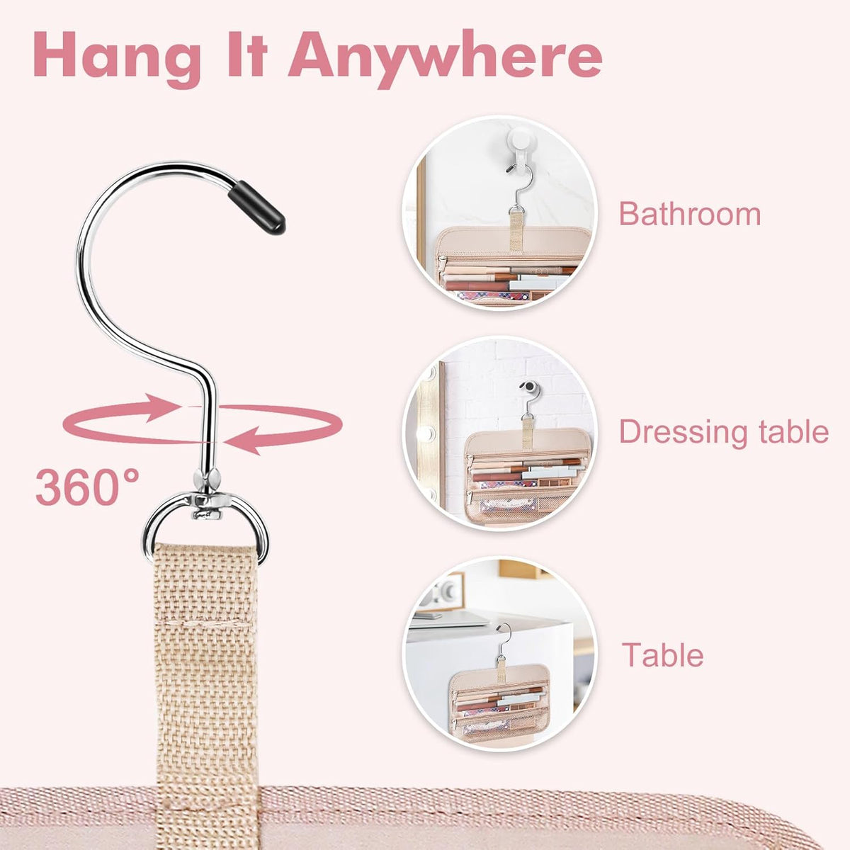 Toiletry Bag for Women, Hanging Travel Toiletry Bag with Jewelry Organizer Compartment Large Makeup Bag, PVC Waterproof Cosmetic Travel Bag for Travel Business Trips Camping Bathroom, Pink