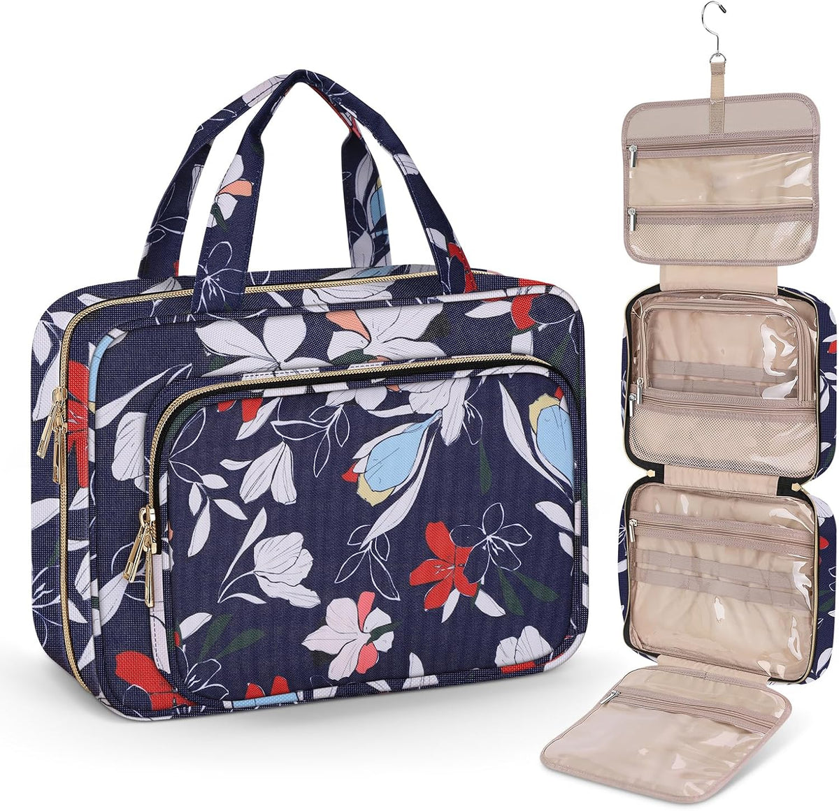 Toiletry Bag for Women, Hanging Travel Toiletry Bag with Jewelry Organizer Compartment Large Makeup Bag, PVC Waterproof Cosmetic Travel Bag for Travel Business Trips Camping Bathroom, Pink