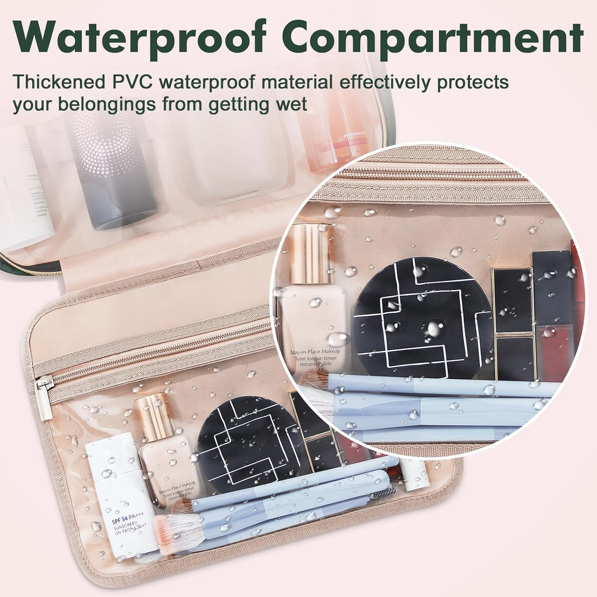 Toiletry Bag for Women, Hanging Travel Toiletry Bag with Jewelry Organizer Compartment Large Makeup Bag, PVC Waterproof Cosmetic Travel Bag for Travel Business Trips Camping Bathroom, Pink