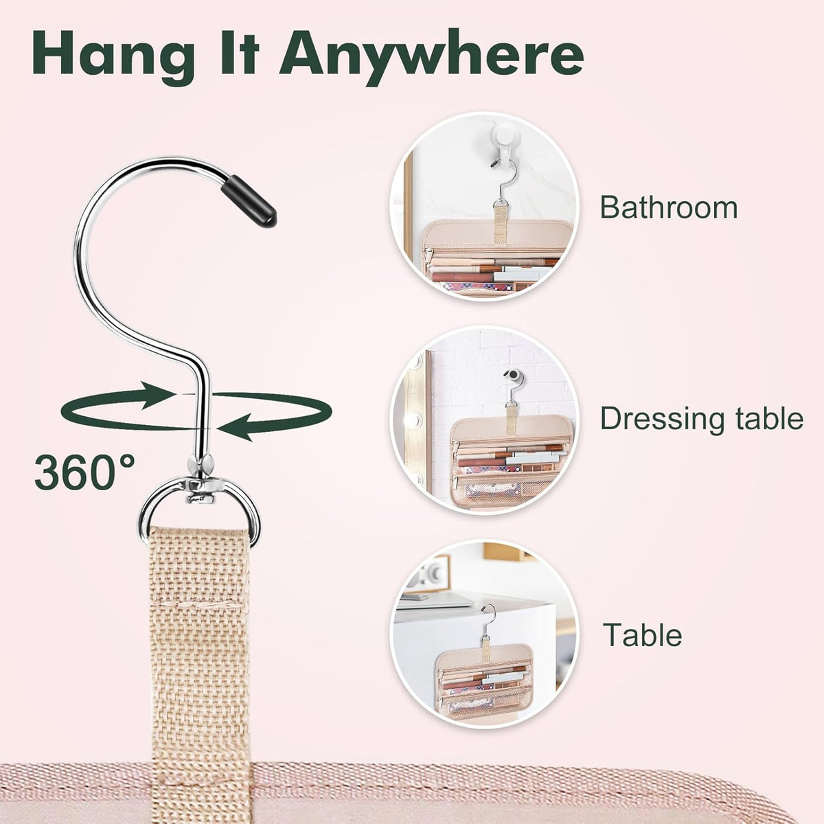 Toiletry Bag for Women, Hanging Travel Toiletry Bag with Jewelry Organizer Compartment Large Makeup Bag, PVC Waterproof Cosmetic Travel Bag for Travel Business Trips Camping Bathroom, Pink