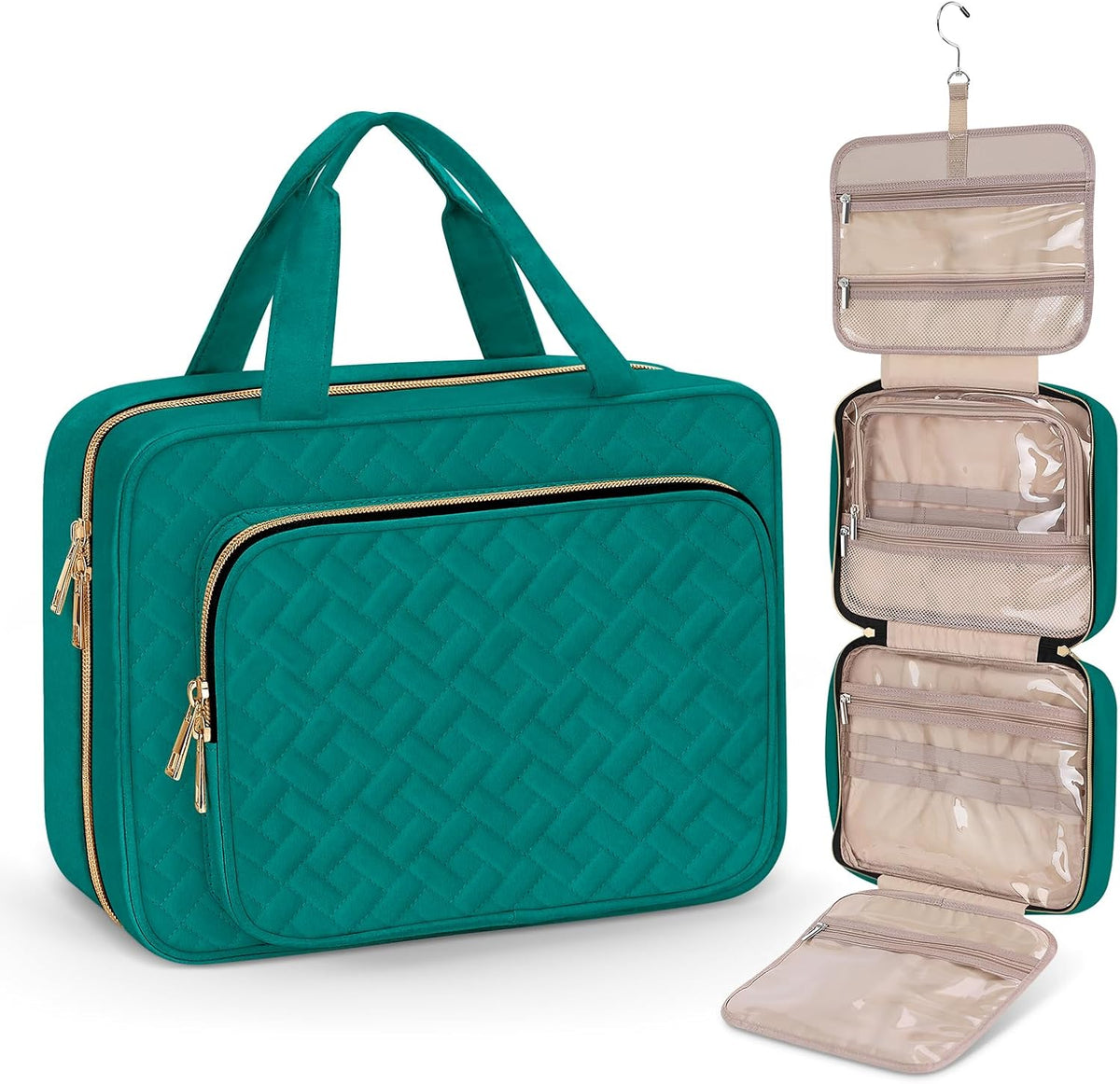 Toiletry Bag for Women, Hanging Travel Toiletry Bag with Jewelry Organizer Compartment Large Makeup Bag, PVC Waterproof Cosmetic Travel Bag for Travel Business Trips Camping Bathroom, Pink