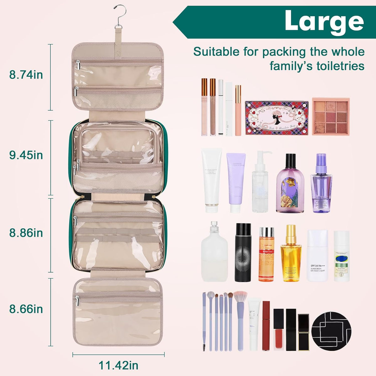 Toiletry Bag for Women, Hanging Travel Toiletry Bag with Jewelry Organizer Compartment Large Makeup Bag, PVC Waterproof Cosmetic Travel Bag for Travel Business Trips Camping Bathroom, Pink