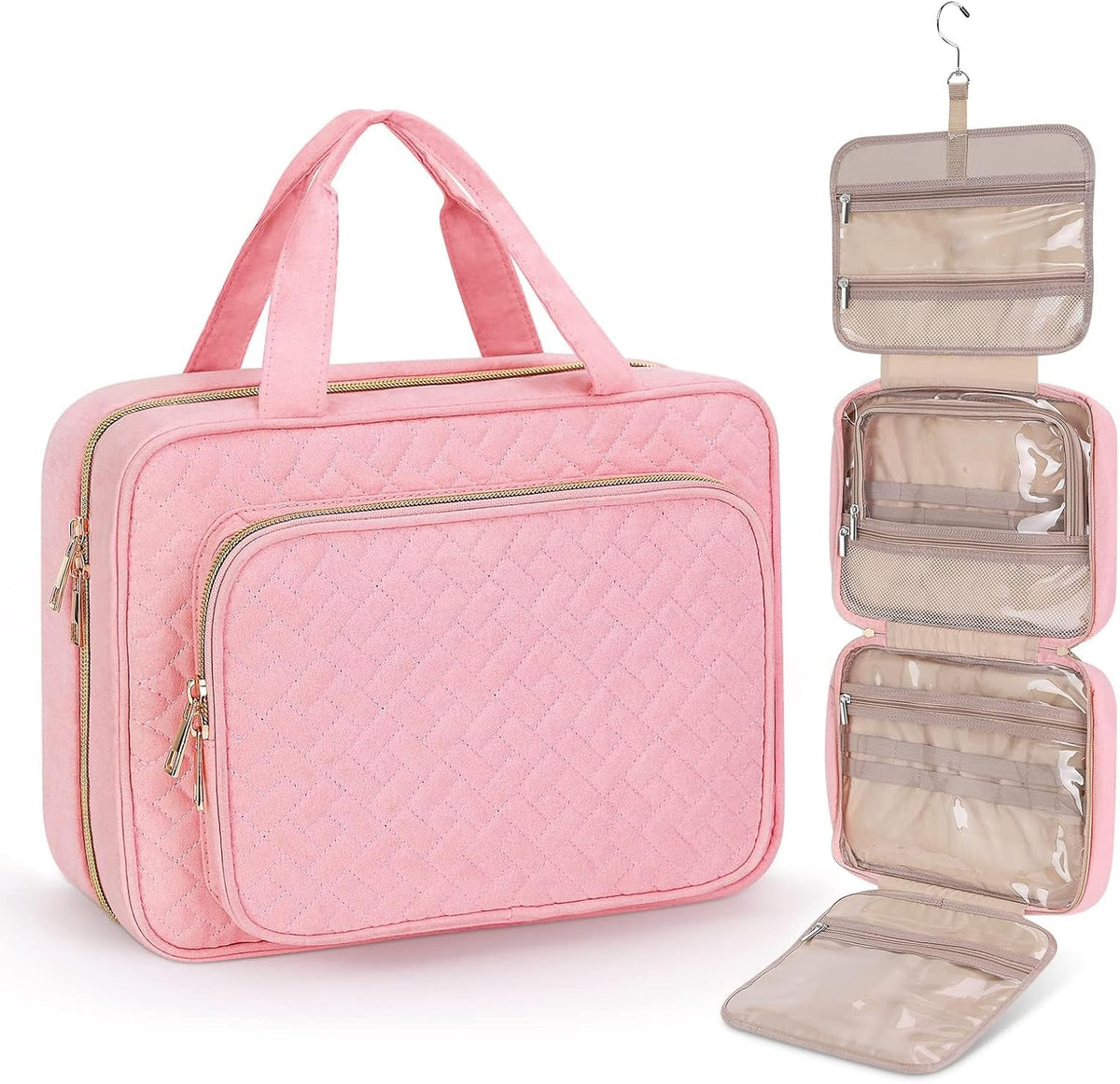 Toiletry Bag for Women, Hanging Travel Toiletry Bag with Jewelry Organizer Compartment Large Makeup Bag, PVC Waterproof Cosmetic Travel Bag for Travel Business Trips Camping Bathroom, Pink