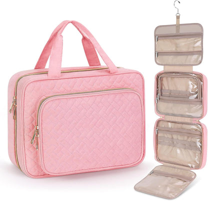 Toiletry Bag for Women, Hanging Travel Toiletry Bag with Jewelry Organizer Compartment Large Makeup Bag, PVC Waterproof Cosmetic Travel Bag for Travel Business Trips Camping Bathroom, Pink