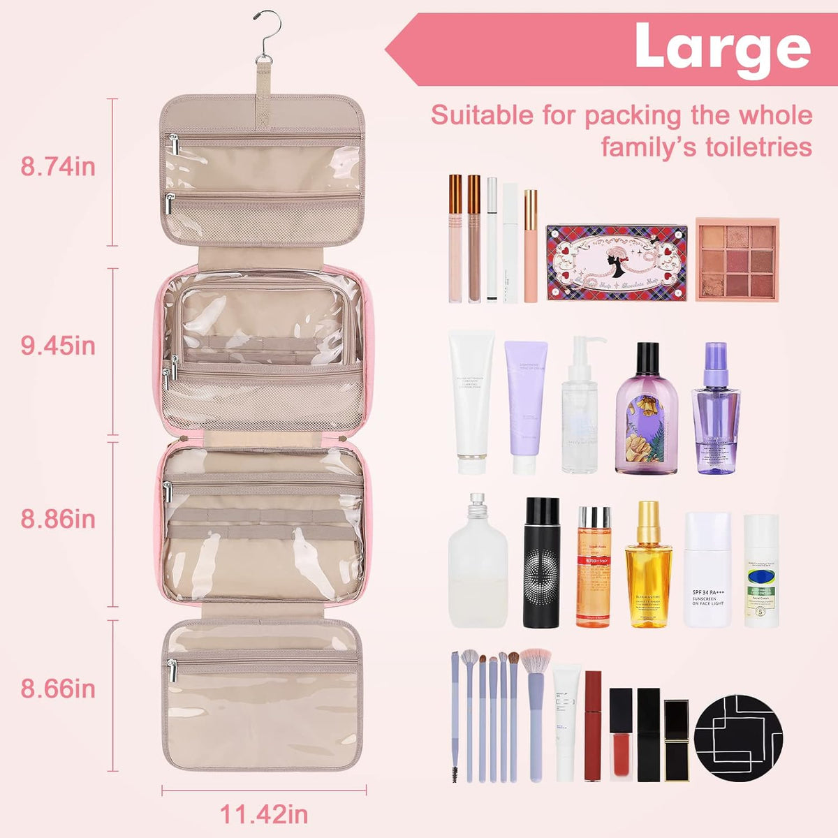 Toiletry Bag for Women, Hanging Travel Toiletry Bag with Jewelry Organizer Compartment Large Makeup Bag, PVC Waterproof Cosmetic Travel Bag for Travel Business Trips Camping Bathroom, Pink