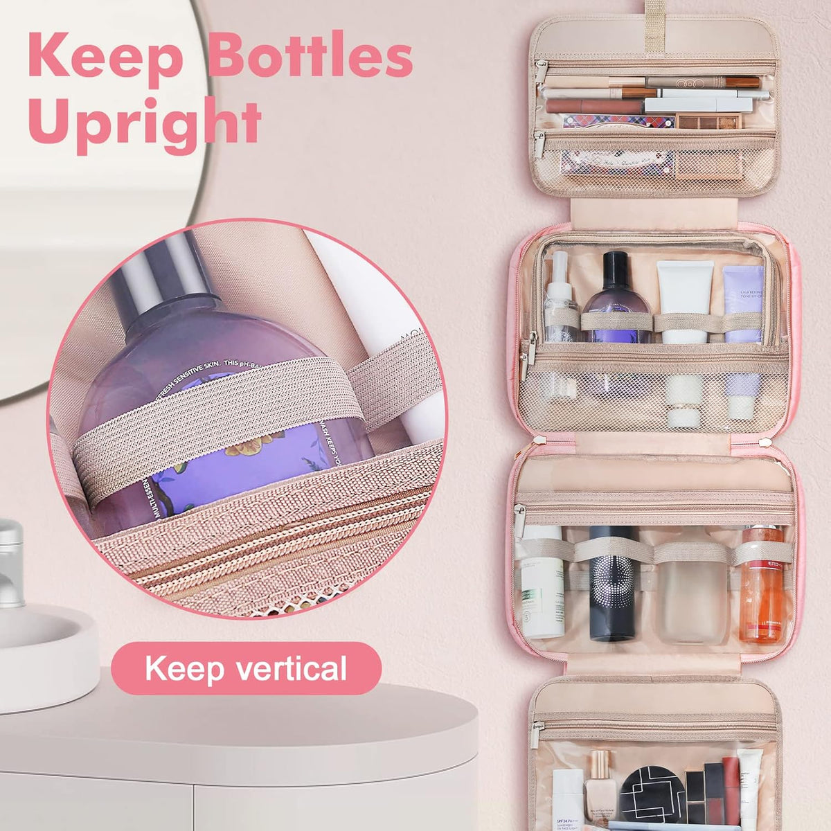 Toiletry Bag for Women, Hanging Travel Toiletry Bag with Jewelry Organizer Compartment Large Makeup Bag, PVC Waterproof Cosmetic Travel Bag for Travel Business Trips Camping Bathroom, Pink