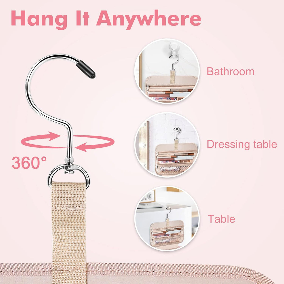 Toiletry Bag for Women, Hanging Travel Toiletry Bag with Jewelry Organizer Compartment Large Makeup Bag, PVC Waterproof Cosmetic Travel Bag for Travel Business Trips Camping Bathroom, Pink