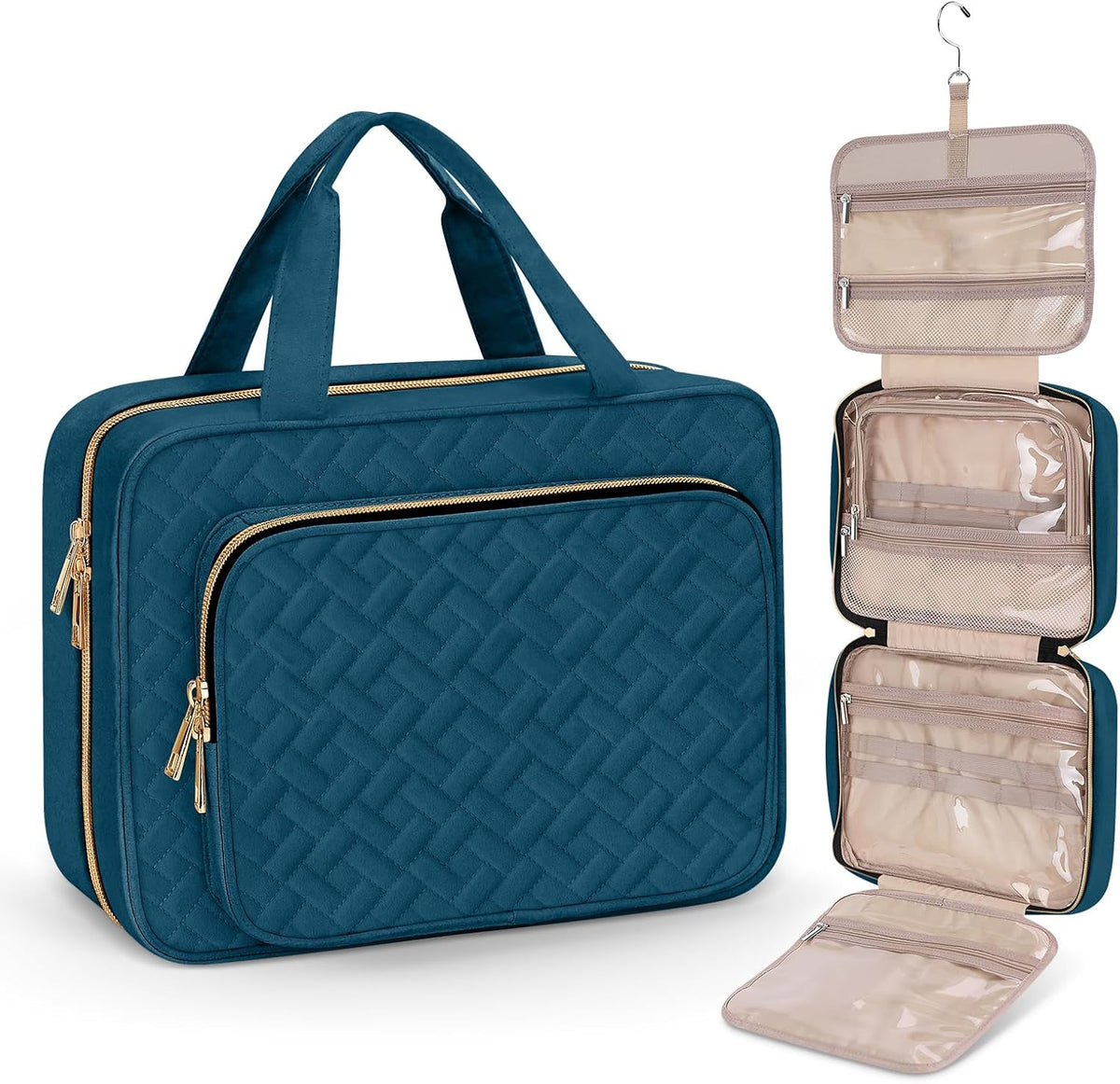 Toiletry Bag for Women, Hanging Travel Toiletry Bag with Jewelry Organizer Compartment Large Makeup Bag, PVC Waterproof Cosmetic Travel Bag for Travel Business Trips Camping Bathroom, Pink